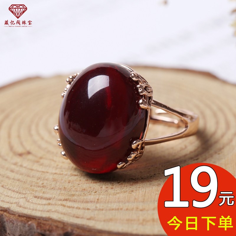 复古金色蜜蜡戒指l男女款琥珀指环可调节鸡油黄老蜡开口血珀食指