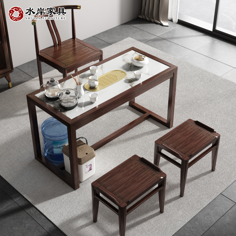 中式茶桌椅组合1.2米乌金木简A约岩板茶台阳台实木小型家用泡茶桌