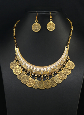 欧美复古金c色罗马钱币流苏项链女波西米亚民族风锁骨链吊坠配饰