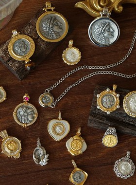 TU家轻奢vintkage中古风925银浮雕人像古银币钱币吊坠复古金币项