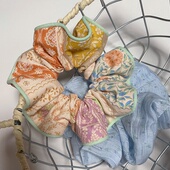 Jinz 韩国ins风复古蓝色碎花少女中式 大肠发圈发绳女森系头绳头花