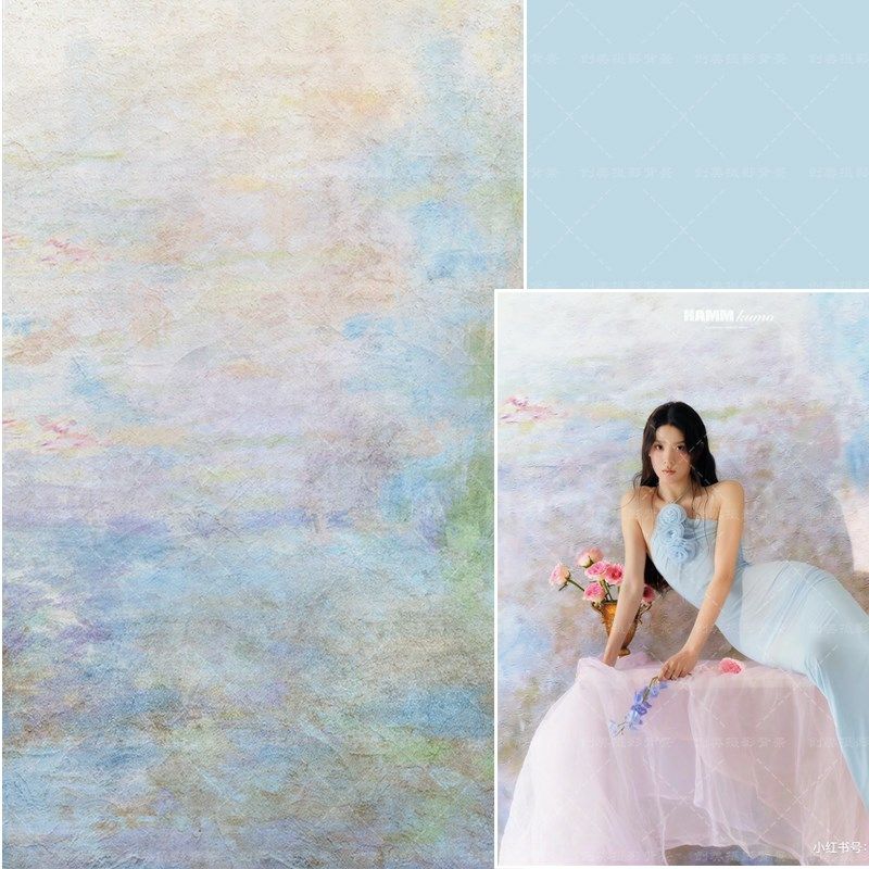 室内少女蓝色肌理油画拍照背景纸婚纱油画摄影级纹理拍照背景布