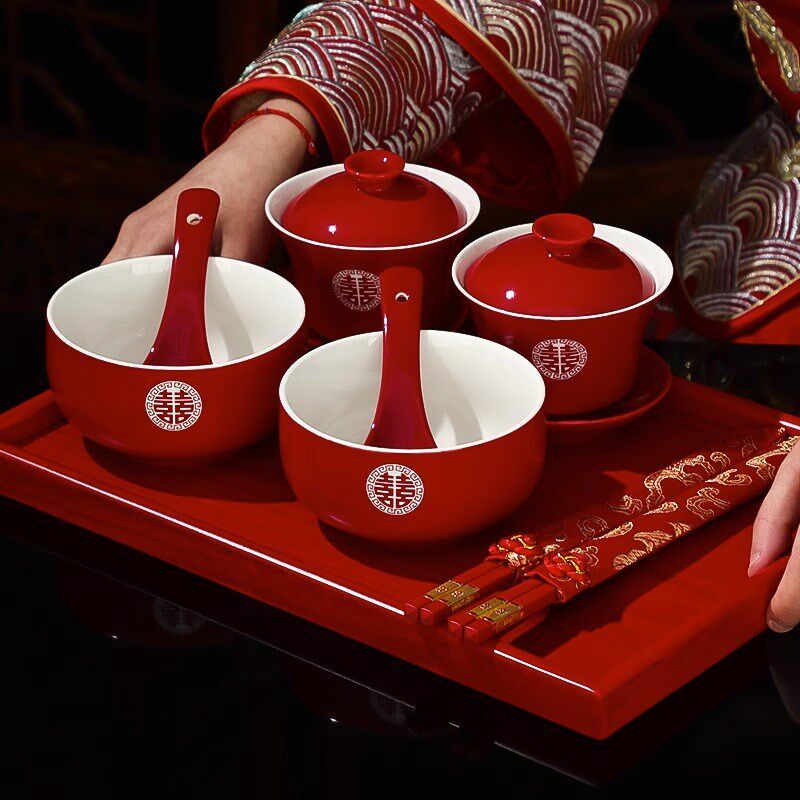 改口敬茶杯用品大全婚庆喜碗筷装一对婚礼敬酒结婚对碗陪嫁女方
