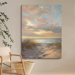 暖色沙滩海景晚霞手绘油画超写实装饰画客厅碧水蓝天玄关肌理挂画