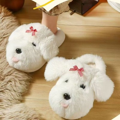 呆呆狗拖鞋女冬季室内家居保暖防滑厚底毛绒绒爱小狗毛毛拖鞋