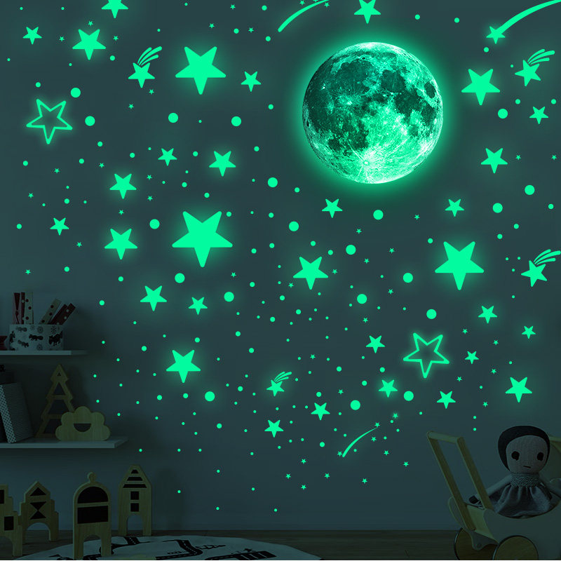 夜光月球流星荧光墙儿童房装饰品自粘创意夜光星星发光纸