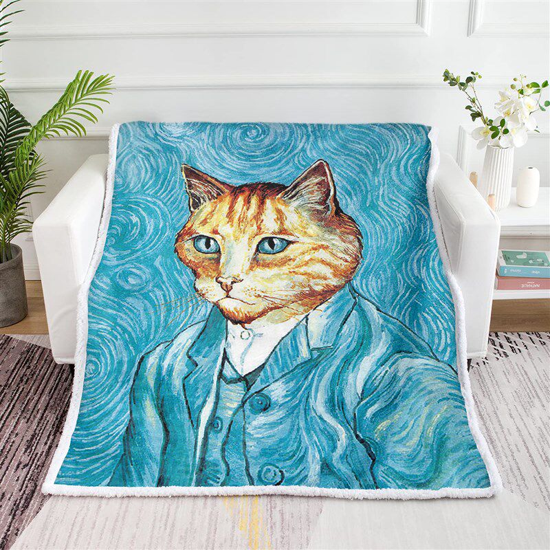 猫先生梵油画搞笑艺术盖毯羊羔绒毯沙发毛毯保暖季通用毯