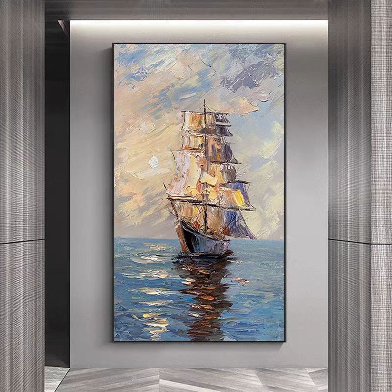 手绘油画一帆风顺玄关背景墙装饰画现代餐厅客厅挂画书房酒店壁画图片