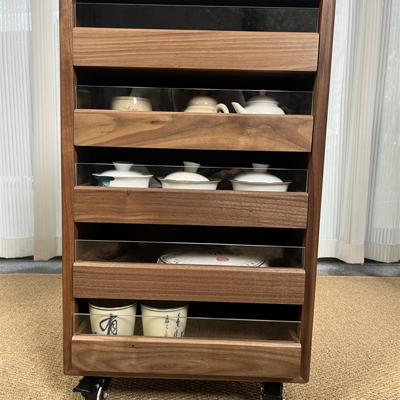 黑胡桃木琴键柜五层抽屉收纳柜茶水柜茶室茶杯茶具柜展示柜