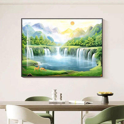 流水生财聚宝盆风景山水画客厅挂画装饰画现代卧室画壁画