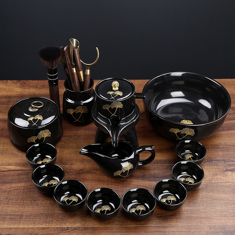 霁蓝黑石磨自动茶具懒金叶盏泡茶器整小功夫茶壶杯