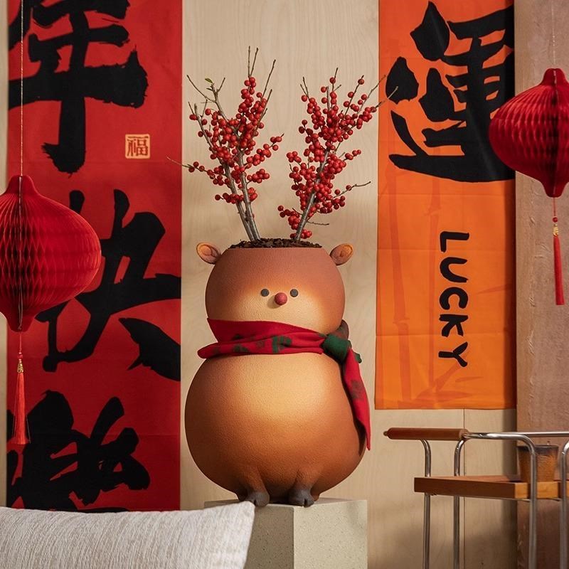 简绿家居客厅软装搭配水泥花盆植物盆栽镁泥可爱风格装饰雪人花盆