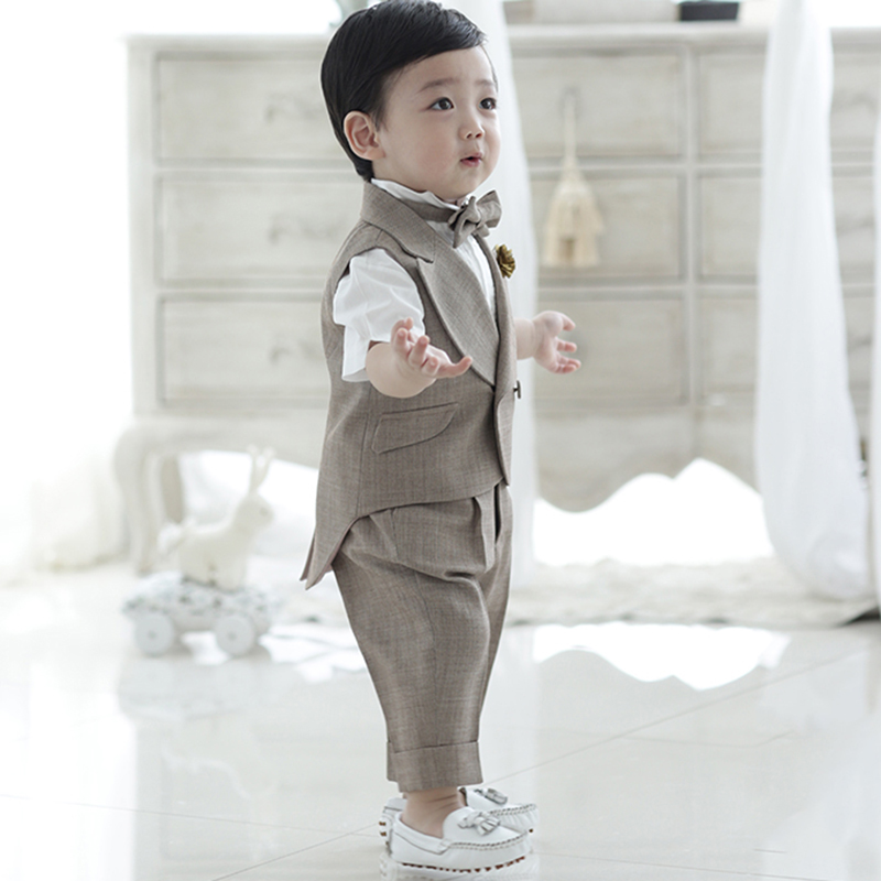 儿童西装男童西装套装三件套燕尾马甲洋气花童宝宝周岁礼服男夏季