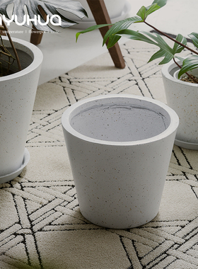 北欧简约仿水泥镁泥高款客厅落地式阳台鸭脚木大口径大型植物花盆