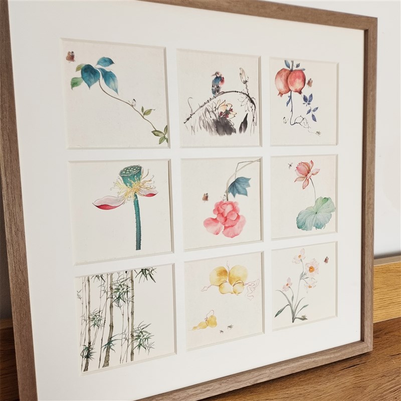 新款中式九宫格复古水墨花卉实木装饰画玄关客厅卧室床头挂画定制图片