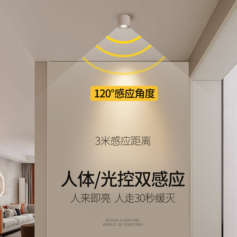 人体感应明装射灯LED天花灯阳台走廊入户玄关光感应光控智能筒灯