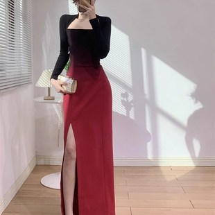 礼服 平时可穿酒红渐变色结婚订婚回门便装 长袖 敬酒服新娘2023新款