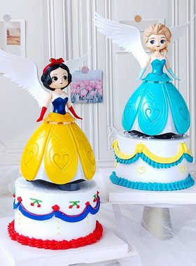 网红白雪公主翅膀旋转音乐盒带灯创意蛋糕摆件女孩生日烘焙插件