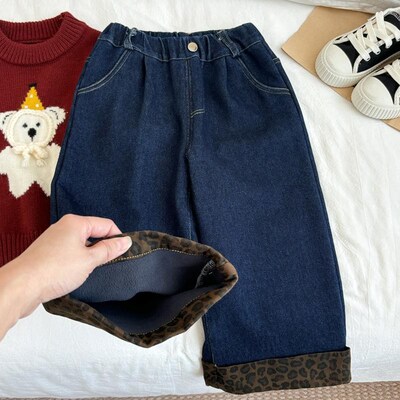 女童加绒裤子秋冬一体绒洋气中童百搭深蓝色牛仔裤女宝小童阔腿裤