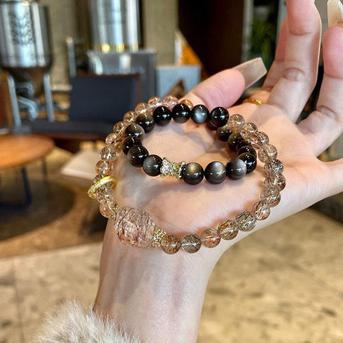 天然水晶黑金超七双圈手串原创设计款手串清透发丝黑金超水晶