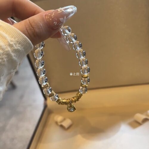 【带】巴西白水晶手链女款转运珠手串古法金盘缠镀金小众