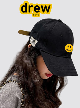 Drew  Sava笑脸2025黑色大头围棒球帽子女百搭显脸小防晒大帽檐