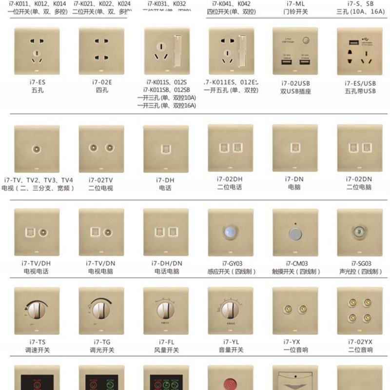 CDN西顿开环插座I7系列金色一二开单双控三五孔开关面板西顿照明