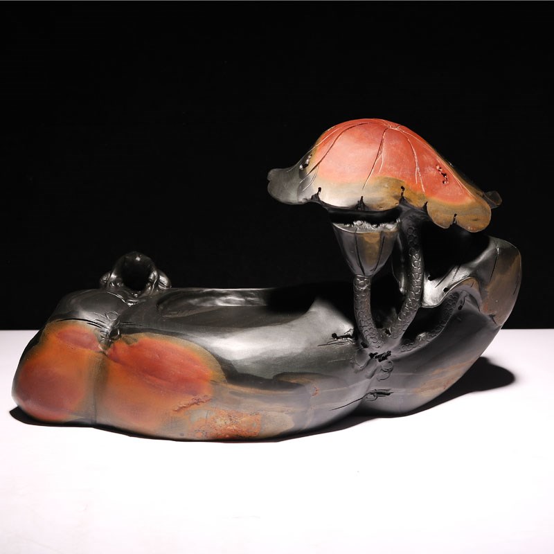 高档珍藏莲花荷花立体摆件歙砚砚台清趣天然原石老坑精品文房四宝