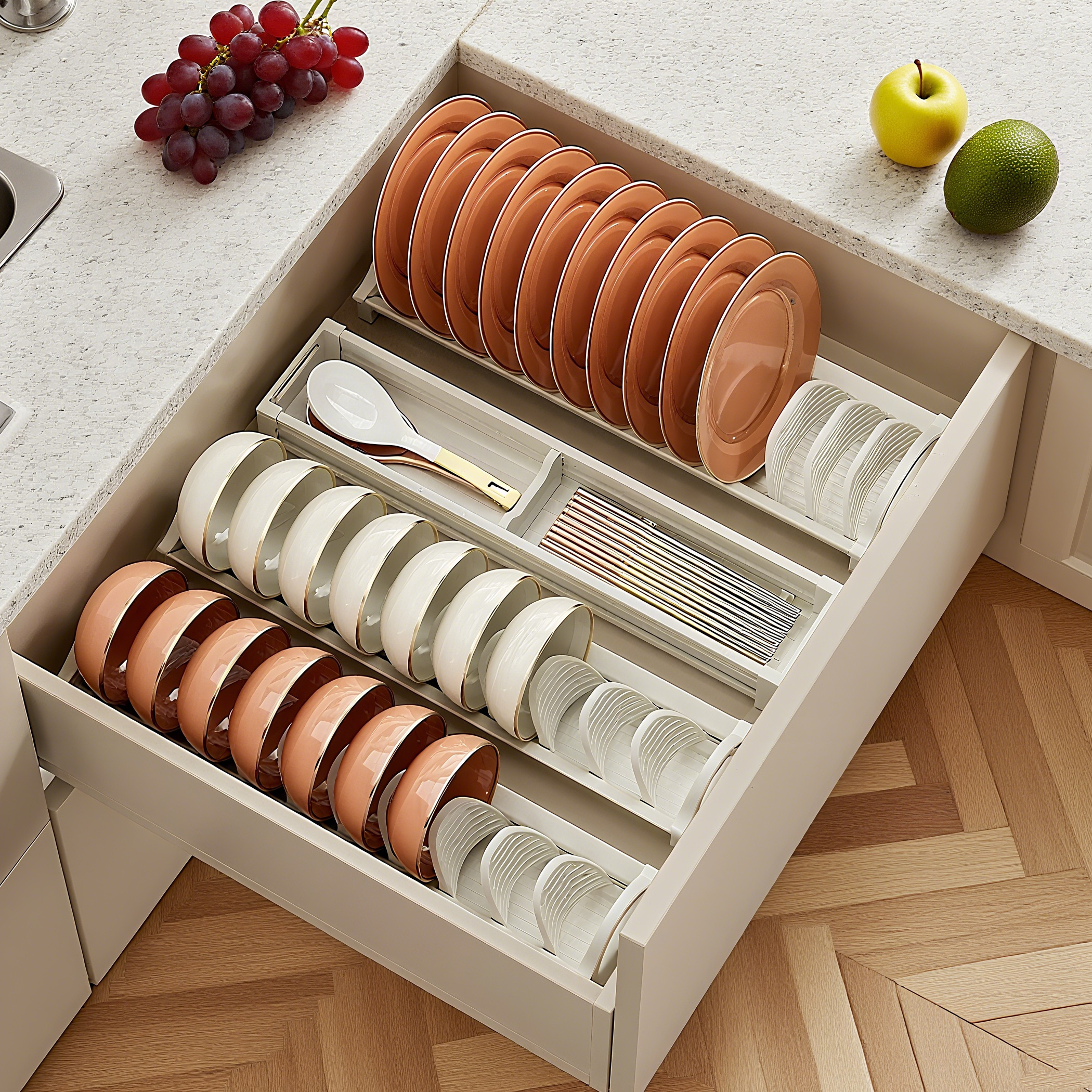 厨房碗碟收纳架【免打孔】太空铝橱柜抽屉式拉篮沥水碗盘架收纳盒,厨房/烹饪用具,碗架,淘宝优惠券,粉丝福利购,淘宝优惠卷