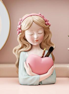 创意爱心少女化妆台收纳盒装饰摆件电视柜玄关收纳筒奶油风生日礼