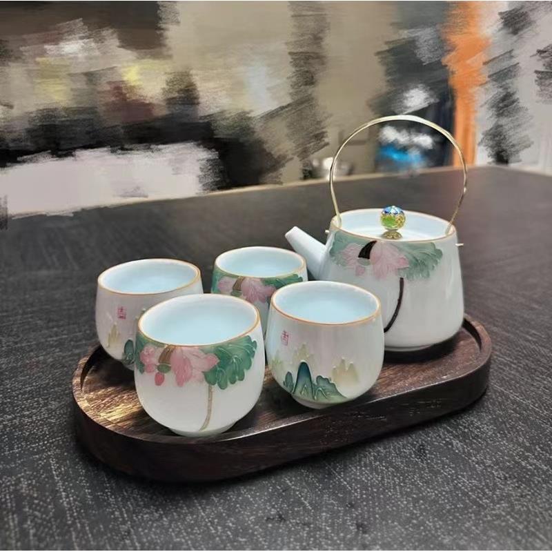 净荷一壶四杯手绘提梁壶陶瓷泡茶器铜把单壶复古彩绘功夫茶具茶杯
