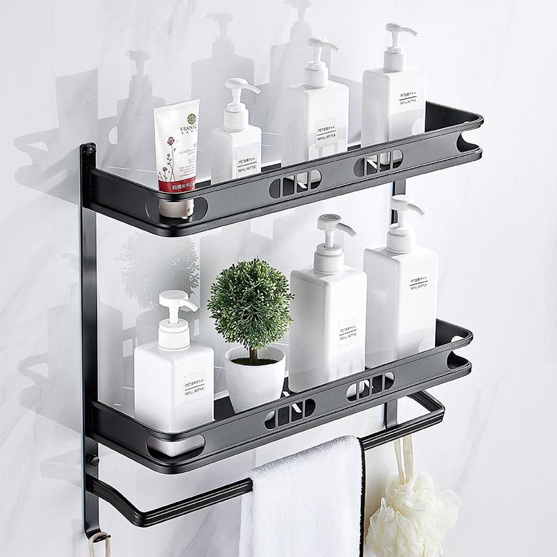 免打孔卫生间置物架壁挂墙上太空铝黑色双层多功能厕所浴室收纳架