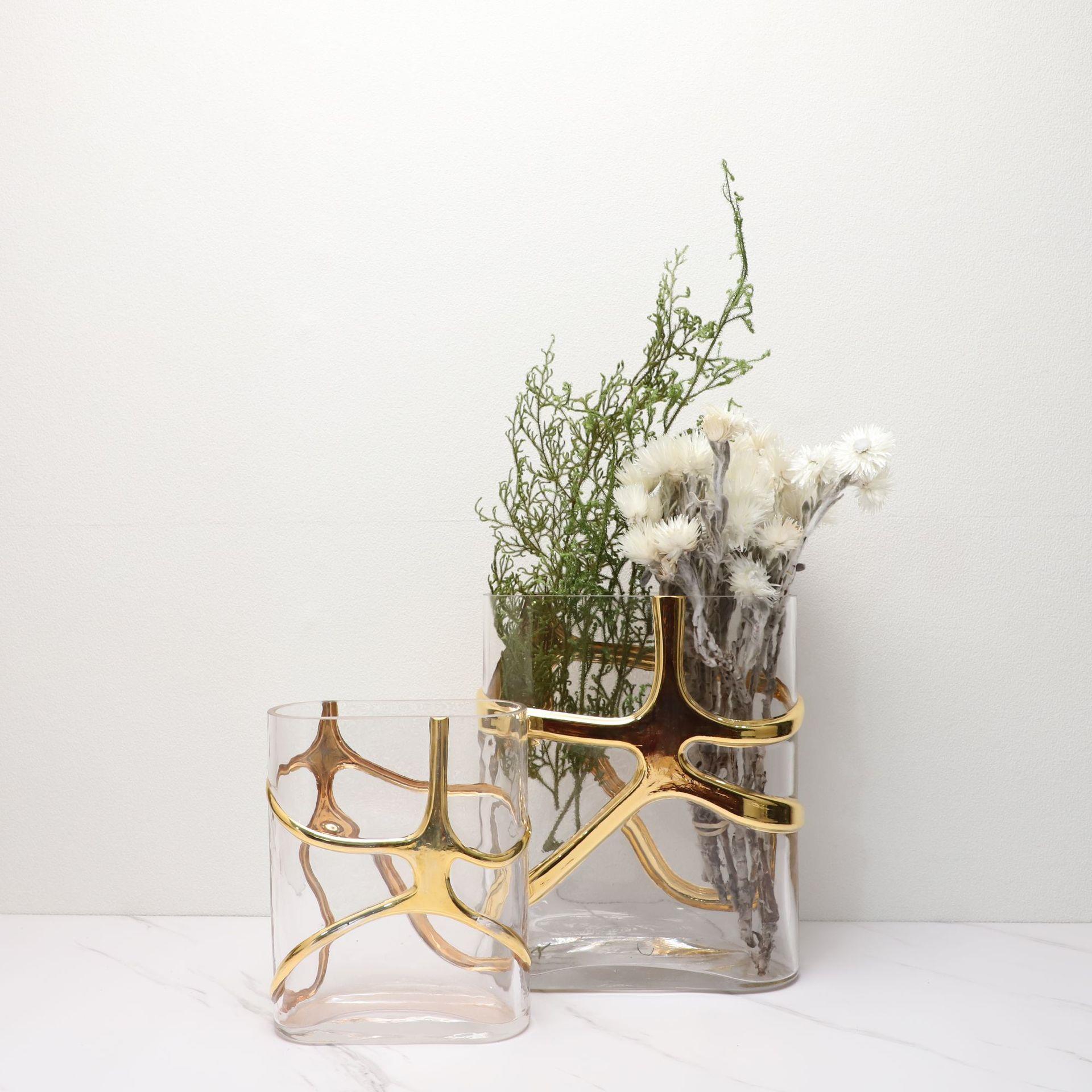 透明描金玻璃花器摆件样板房售楼部卧室书房客厅餐厅桌面软装饰品