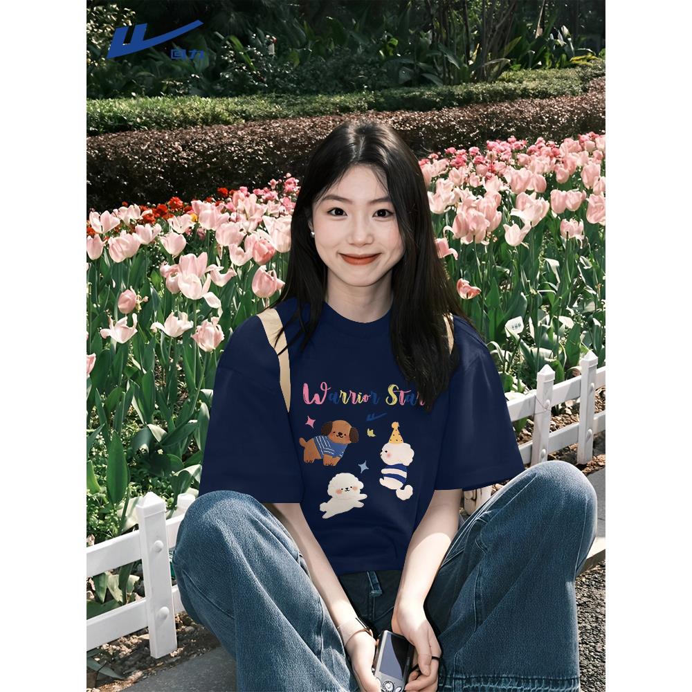 回力藏蓝色短袖t恤女2025新款夏季美式潮流大码胖mm宽松纯棉半袖A