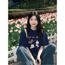 回力藏蓝色短袖t恤女2025新款夏季美式潮流大码胖mm宽松纯棉半袖A