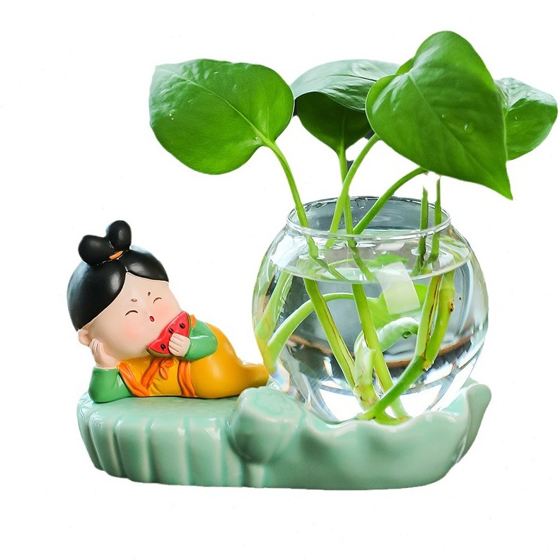 中式可爱唐仕女玻璃花水培水养器皿插花器公室桌面摆件装饰品