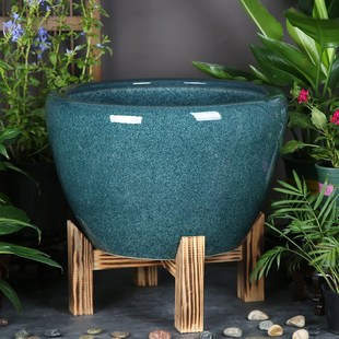 庭院大缸古法养鱼盆可配实木座大型落地阳台水缸客厅沉香木造景盆