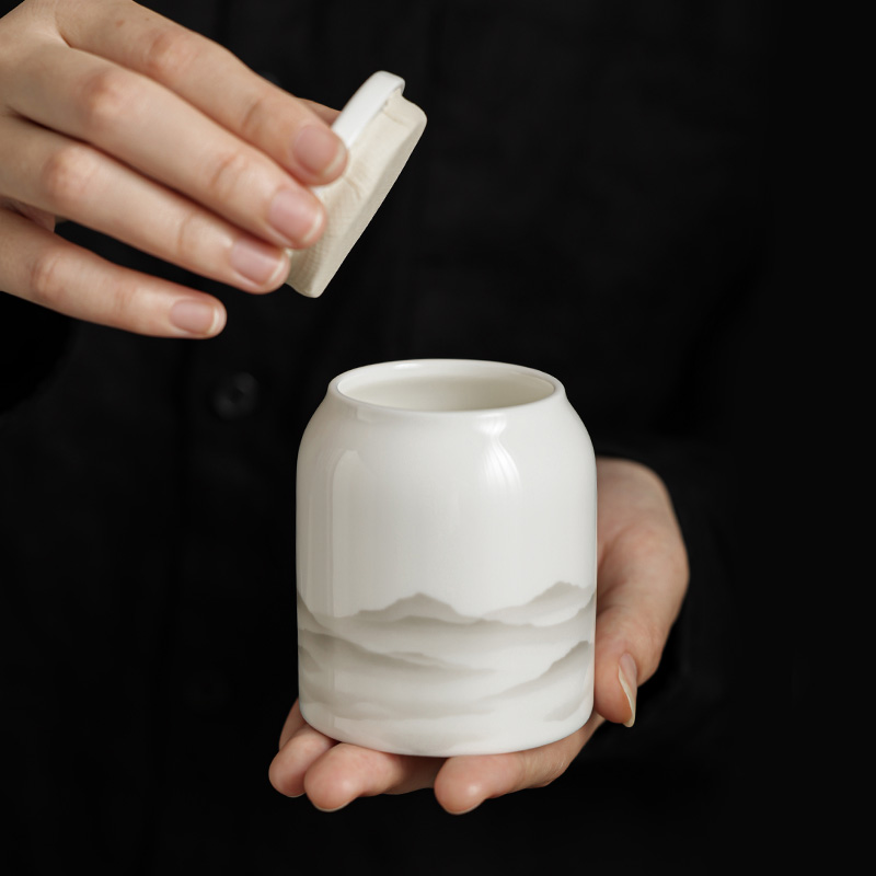 羊脂玉白瓷茶叶罐带盖防潮茶叶储存罐家用陶瓷密封罐功夫茶具配件