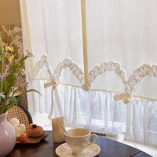 清新奶油色分片式门帘甜美风浪漫小窗帘透光不透人半帘隔断免打孔