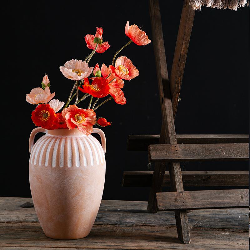 陶瓷花瓶带耳侘寂风插干花手工复古插花瓶家居酒店民宿仿古花瓶