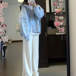 秋冬季 小个子软糯慵懒风奶fufu蓝色连帽开N衫 毛衣阔腿裤 两件套装