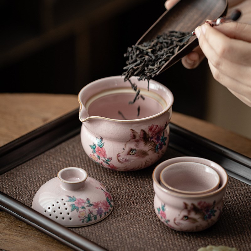 粉汝花猫葫芦旅行茶具开片陶瓷一壶二杯便携式快客杯户外差旅泡茶