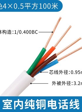 HBV电话线2 4芯纯铜0.5平方白色圆形通信线缆足家用电线100米现货