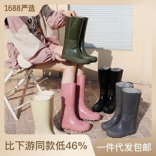 高筒防滑厚底保暖厨房防水胶W鞋 军登新款 女款 时尚 成人雨靴女 雨鞋