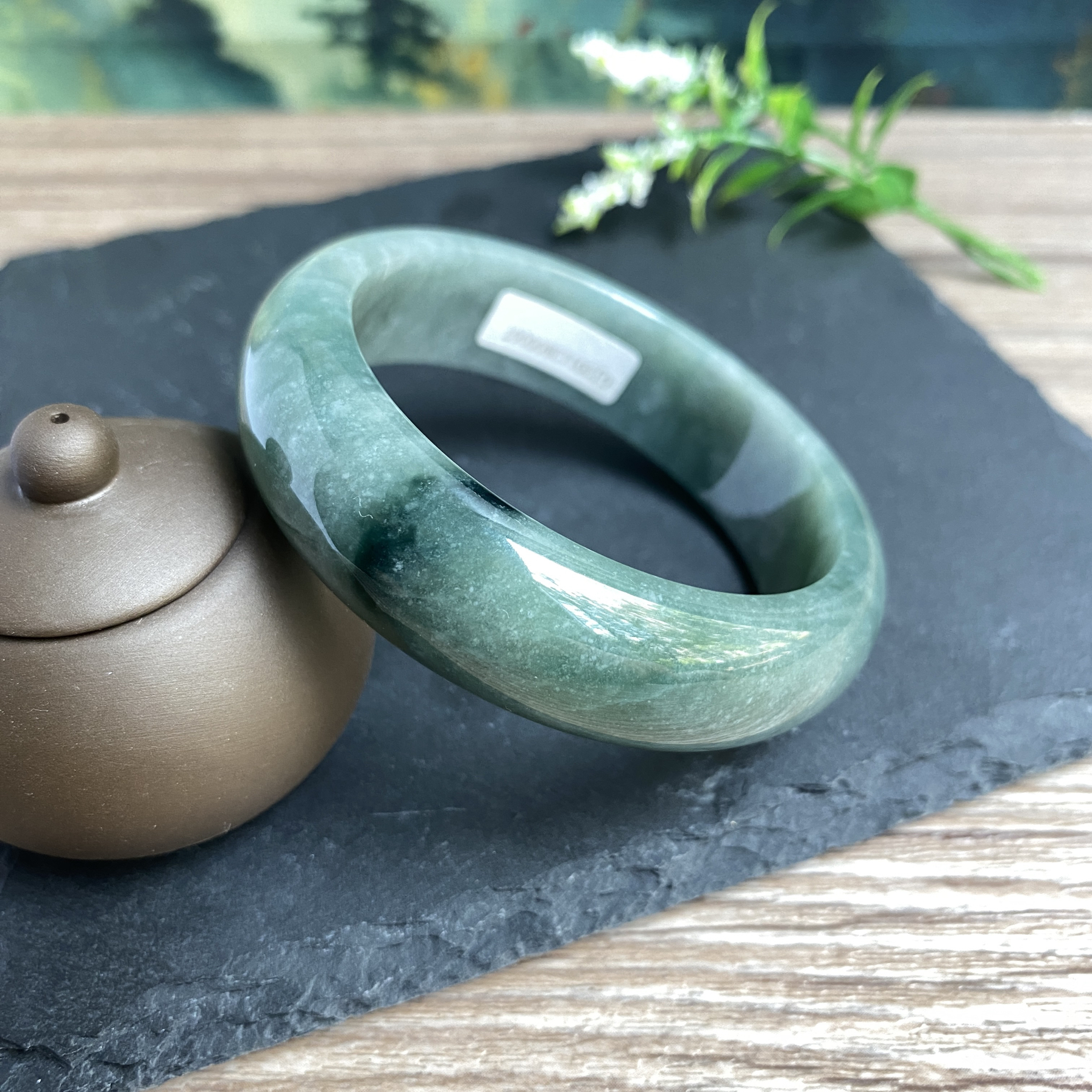 老坑缅甸手镯54油青绿色飘花宽版a货带证书天然玉镯子正圈0067