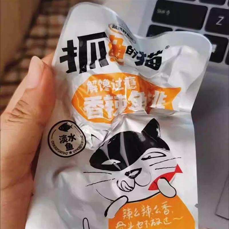 抓鱼的猫即食香辣鱼尾烟熏