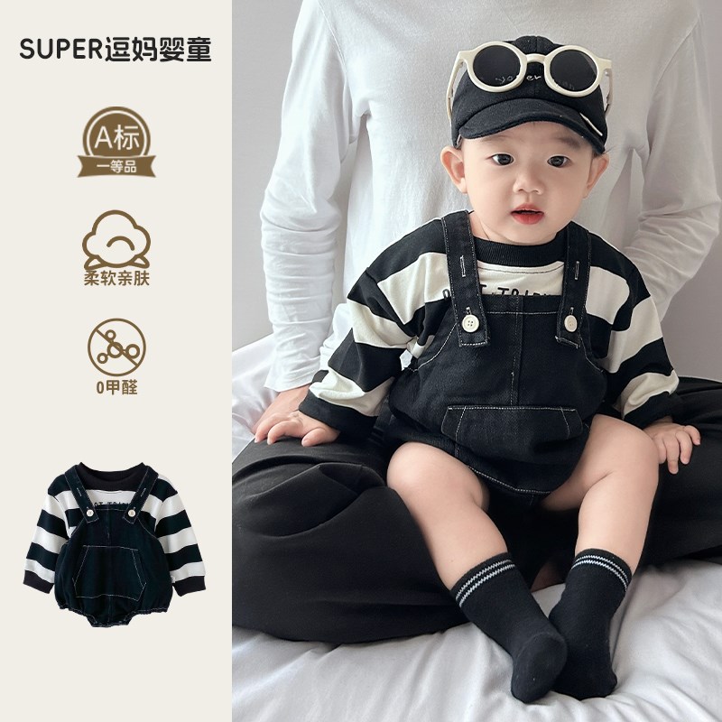 宝宝秋季连体衣婴儿秋款套装超韩洋C气背带哈衣两件套婴幼儿外出