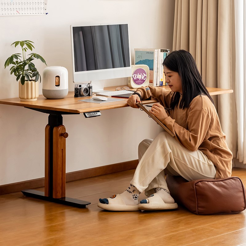 木邻朝朝电动升降桌樱桃木升降书桌实木双电机自动升降电脑办公桌