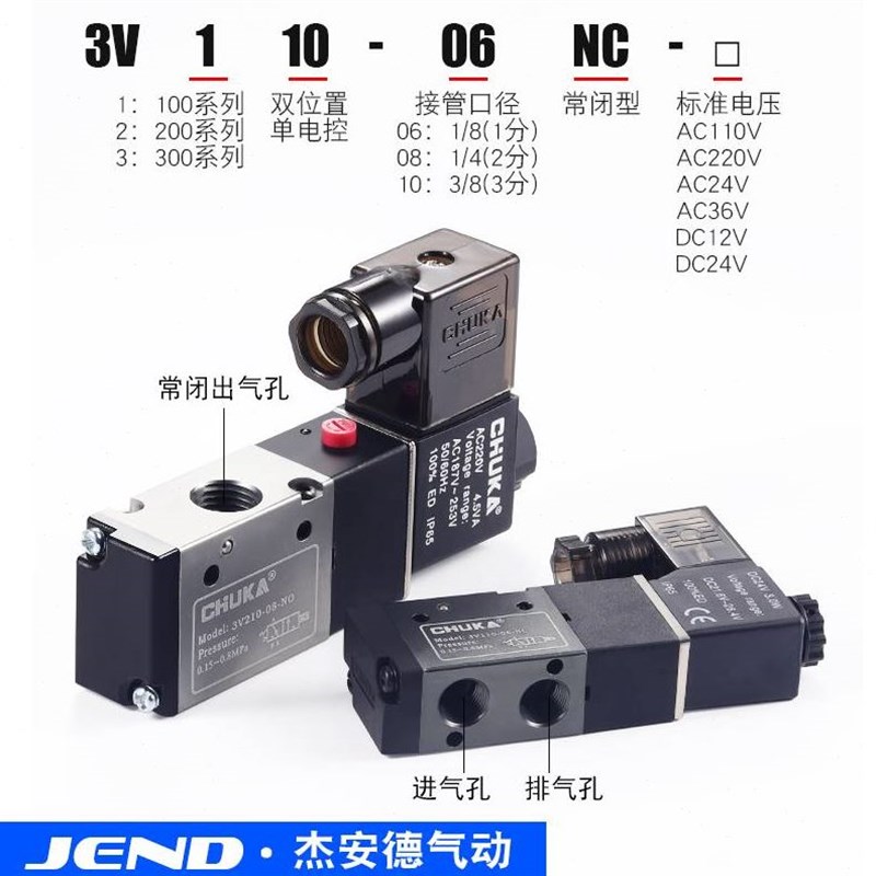 二位三通常闭24V电磁3V110-06/210-08/310-10-NC/NO替亚德客