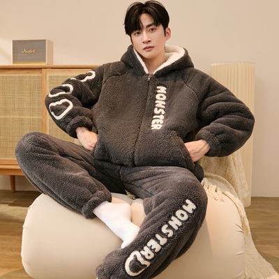 睡衣男士冬季加绒加厚家居服套装